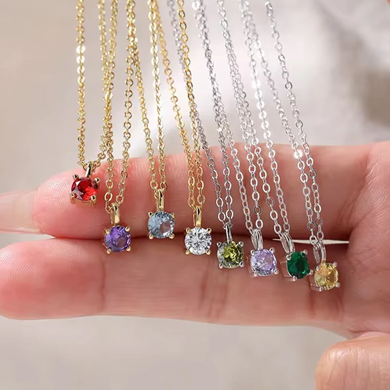 925 Sterling Silver 12 Colors Summer Fine Jewelry Personalized Zircon Birthstone Pendant Necklace Women