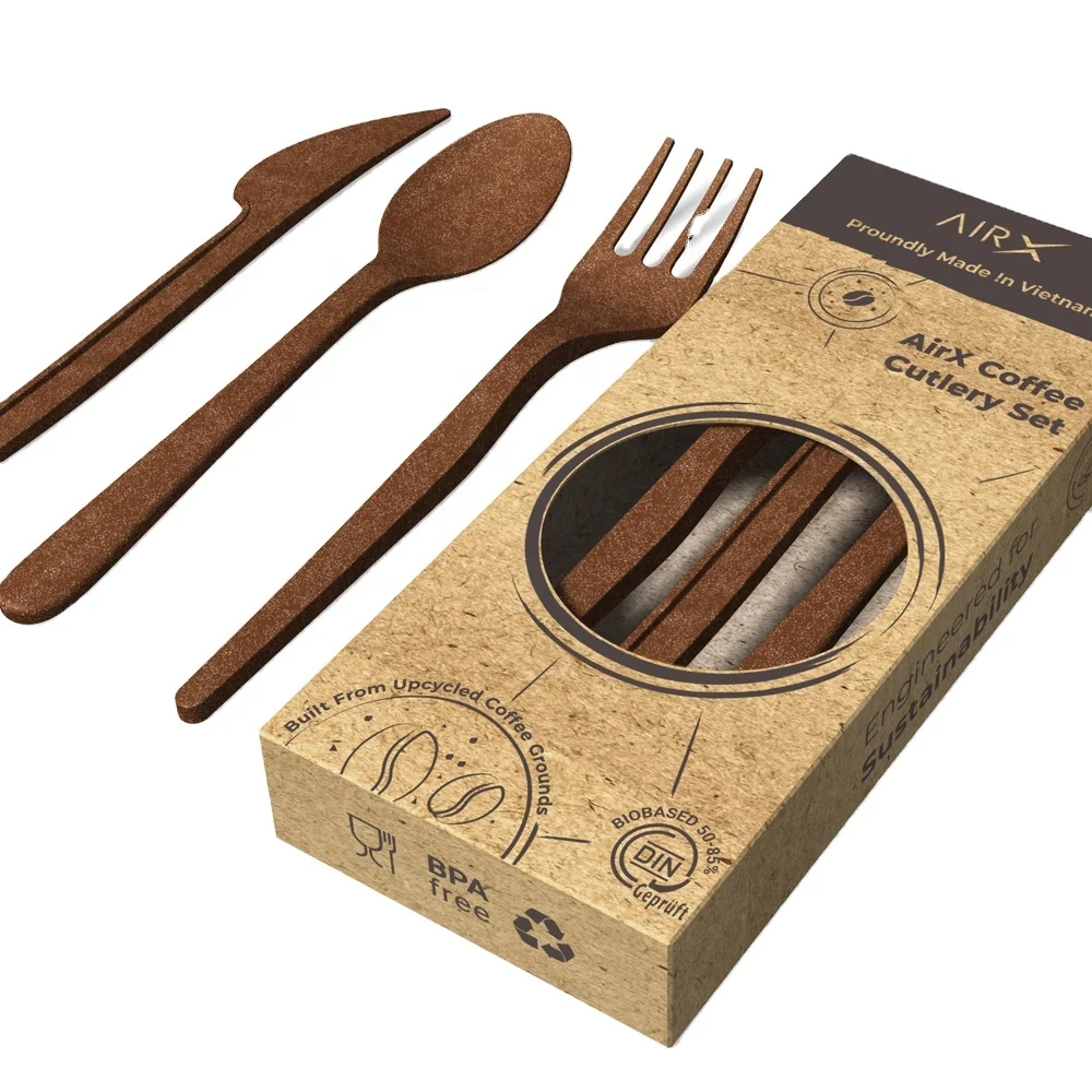 Eco-friendly Knife, spoon, and fork set from AirX wooden-like Cutlery set from Coffee grounds for dishwasher safe