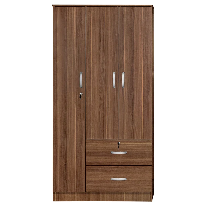 Factory Wholesale Closet Wood Veneer Wardrobe 3-Door Armoire with Two Drawers Four Shelves and Hanging Rod