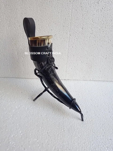 Best Quality Buffalo/Ox Drinking Horn with Leather Holder and Iron Stand  100% food safe for Drinking by BLOSSOM CRAFT INDIA