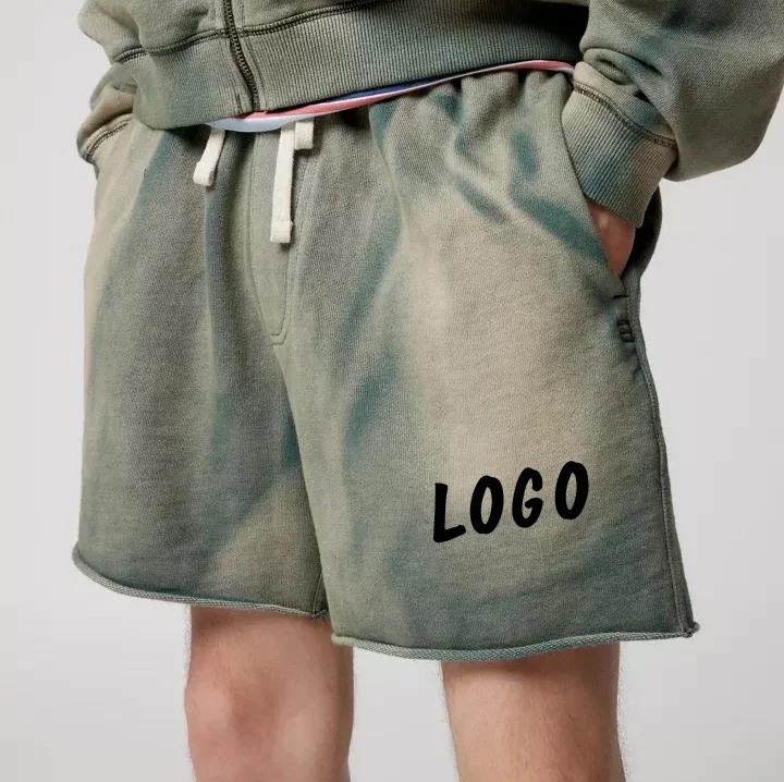 Custom Drawstring Cotton French Terry Distressed Embroidered Raw Hem Ripped Cut Heavyweight Oversized Acid Wash Sweat Shorts Men
