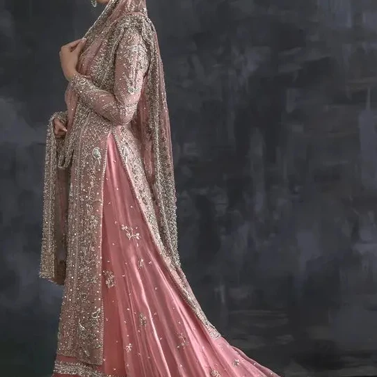 BRIDAL LONG KURTA, LEHENGA WITH DUPATTA DRESS Embellished WITH CRYSTAL GLASS BEADS,STONE,DABKA WORK FOR PARTY-WEAR/WEDDING@2024