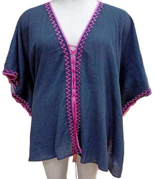 Embroidered short length black coloured kaftan with criss cross ties on front 100 % cotton crepe short beach wear kaftan