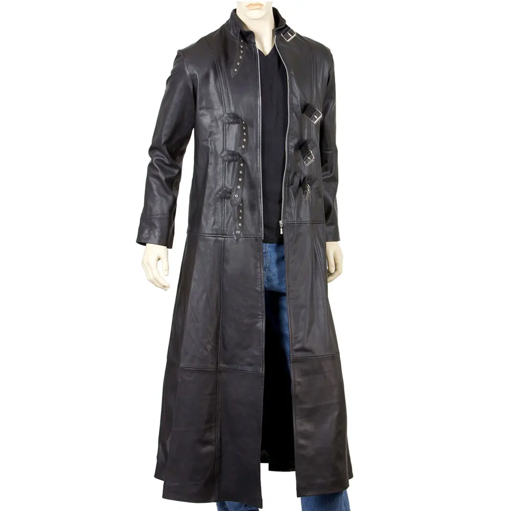Outdoor Winter Warm Adult Size Breathable Men Long Leather Trench Coat / New Fashionable Solid Color Men Leather Trench Coat