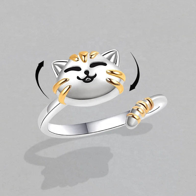 Custom Jewelry Opening Adjustable Cute Cartoon Two Tone Color Cat Rotating Fidget Anti Anxiety Ring