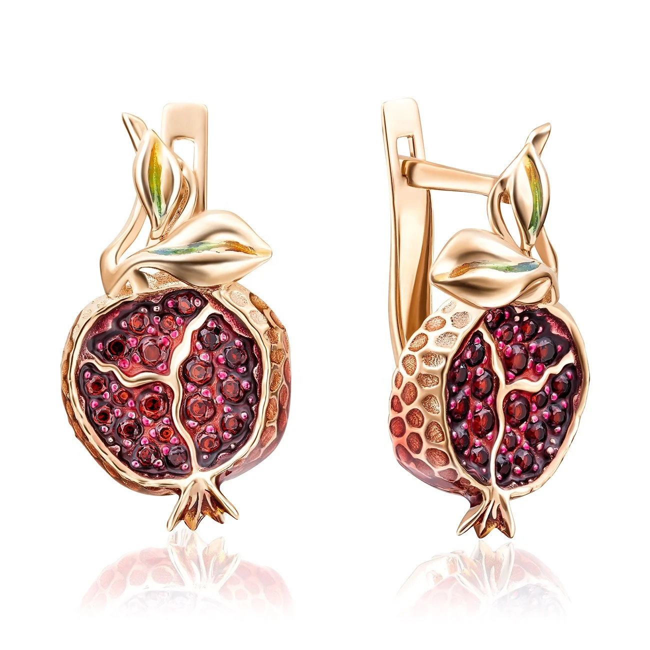 Earrings Garnet Enamel Exclusive Best Selling Unique Design 14K 585 Solid Rose Gold