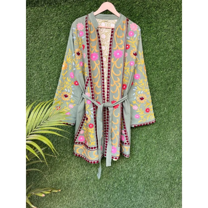 Floral Design Women Jacket Suzani Embroidered 100% Cotton Short Kimono Coat Comfortable New Hot Demanding Adults Christmas Sale