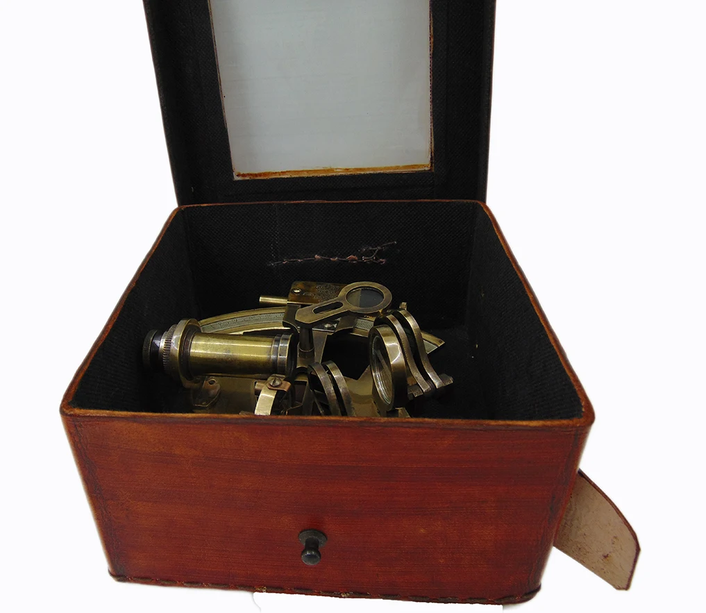 Authentic Vintage Brass Sextant Metal Craft Celestial Navigation Nautical Marine Instrument Leather Box Ship Captain Collectors