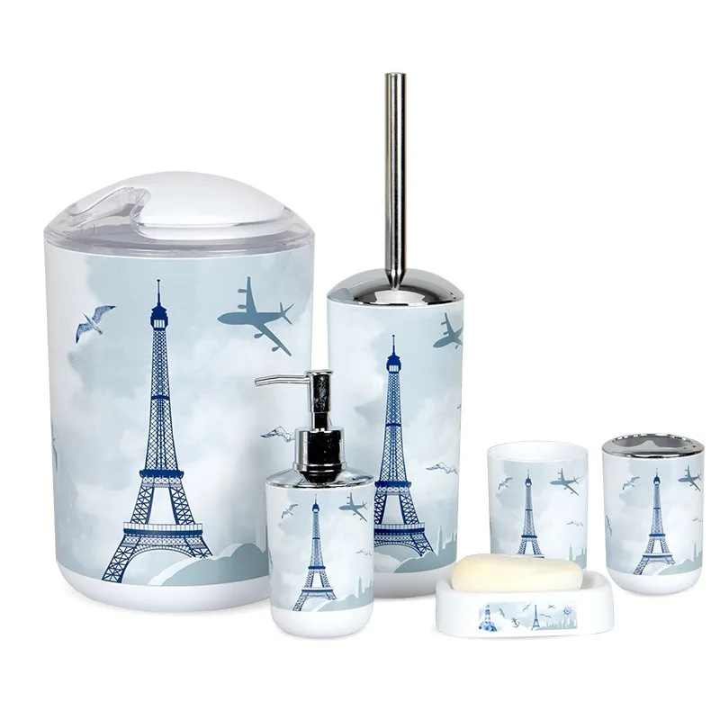 BP012 European Lighthouse Printed Plastic Bathroom Sets 6-Piece Wash Sets for HomeStay Hotels for New House Furnishing