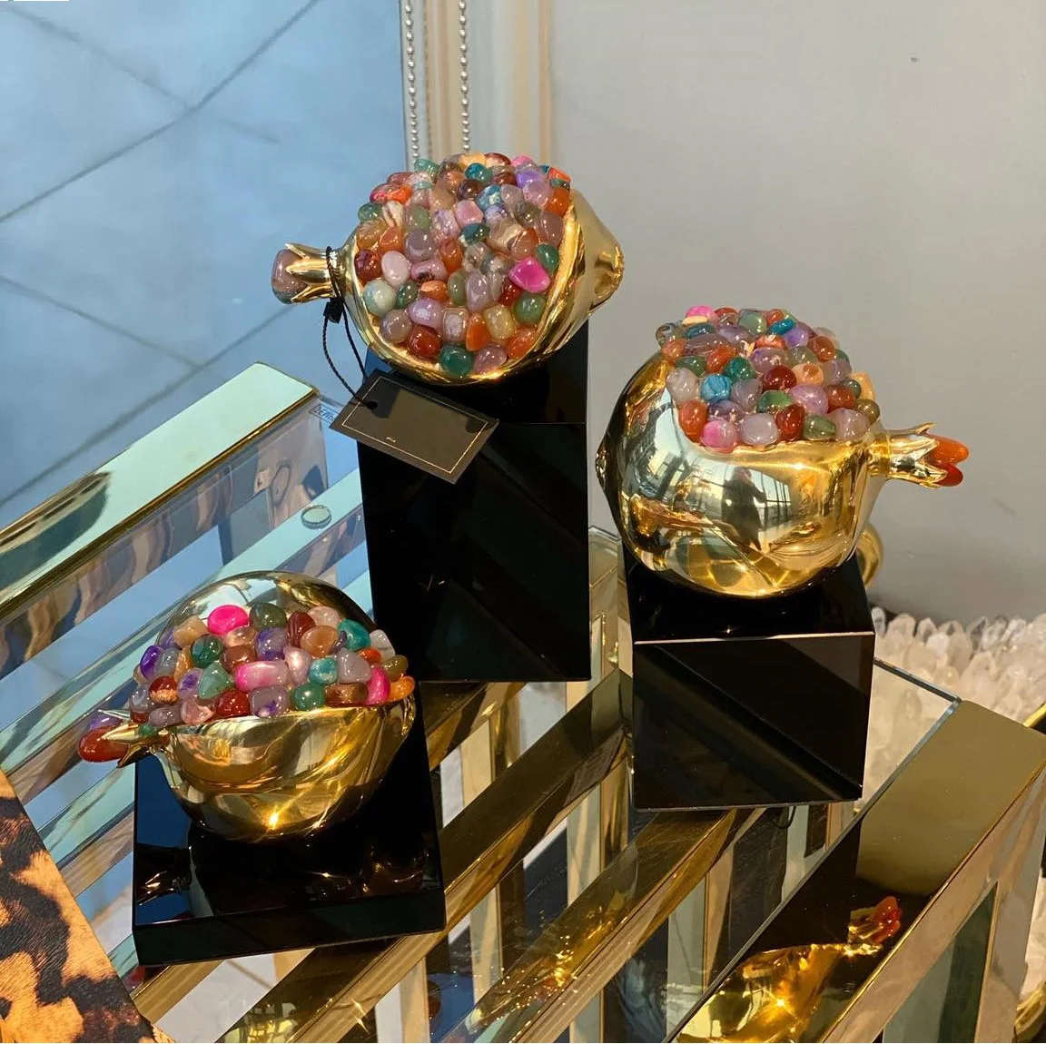 Attractive Gold Plating Aluminium Pomegranate Sculpture For Table Top Centerpiece Metal Sculpture With Set Of 3 Pcs