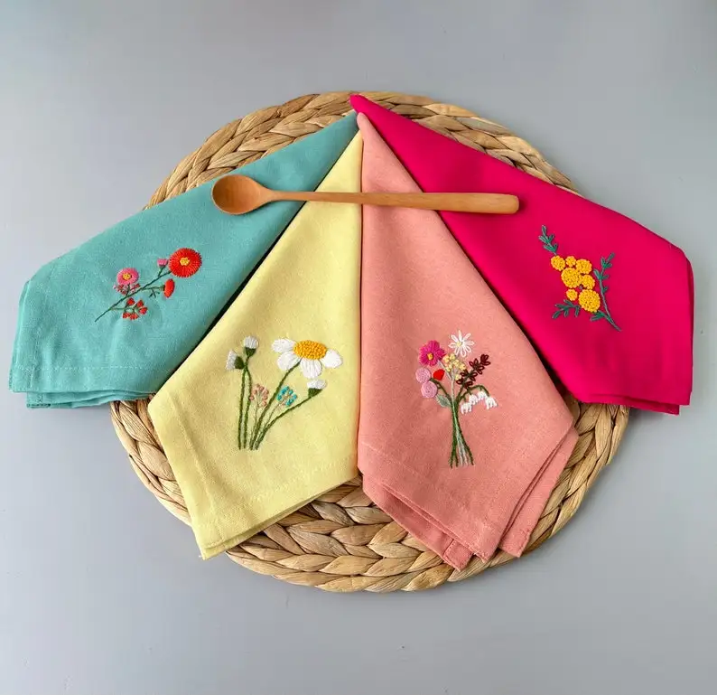 Flower Embroidered Linen Napkins Set Reusable Hand Embroidered Wildflower Table Decor for Family Dinners