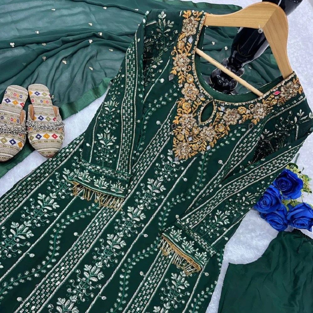 NEW DESIGN PAKITANI AND INDIAN WEAR SALWAR KAMIZ DRESS FOR PAKISTANI WOMEN AND GIRLS FULLY  WORKED NECK GREEN COLOR SUIT