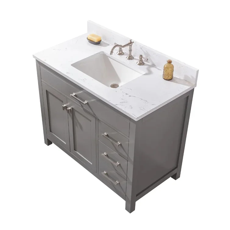 42 Single Bathroom Vanity Base Cabinet Two Soft Close Drawers Single Sink Bathroom Vanity Gray Color