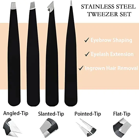 5-Piece Tweezers Set Stainless Steel Slant Tip and Pointed Eyebrow Tweezer Set Great Slant for Facial Hair Ingrown Hair