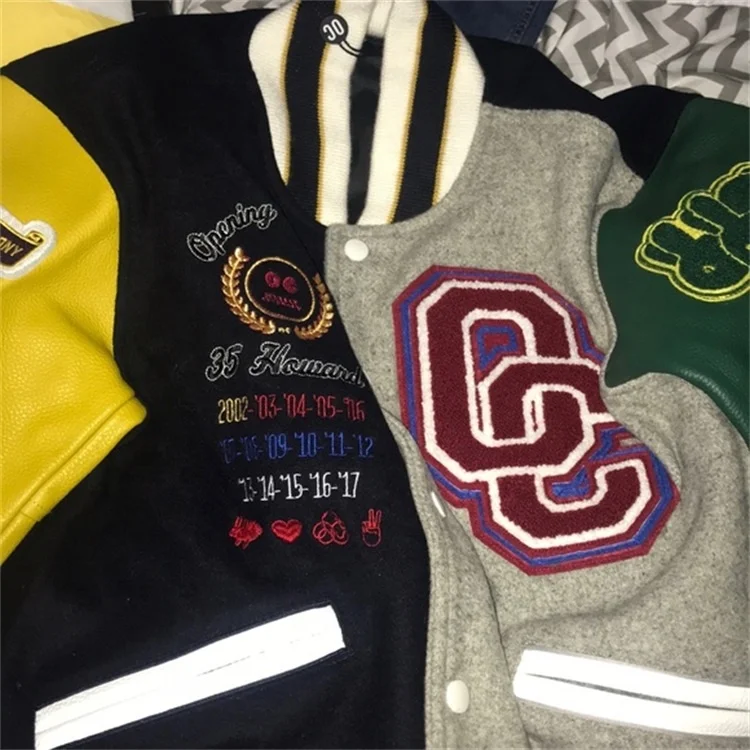 2022 OEM custom two colors mens leather sleeve patch chenille embroidery streetwear letterman varsity jacket for men