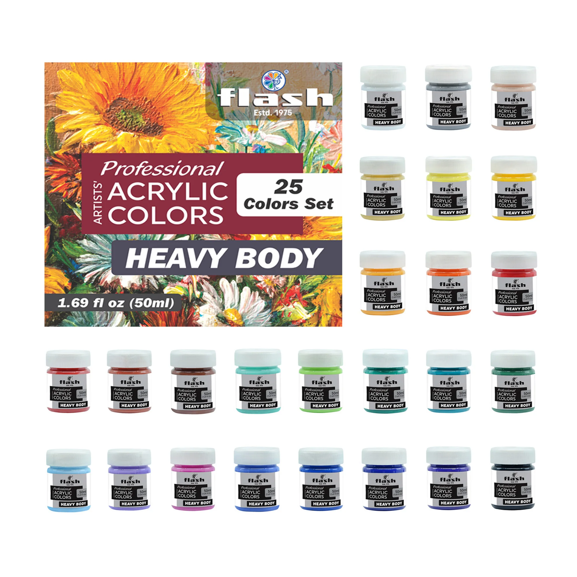 High Quality Flash Heavy Body Acrylic Colors 50ml 25 Color Set | Non Toxic Kids Safe High Lightfastness Colors