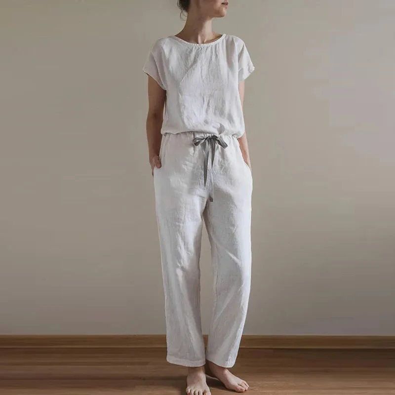 Women 2 Piece Sets Pajamas Linen Pajamas Set Women Flax Linen Pajamas