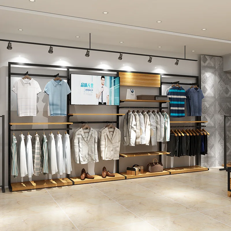 Custom boutique women garment clothes metal wood display racks retail store gold men clothing furniture shelf stand for store
