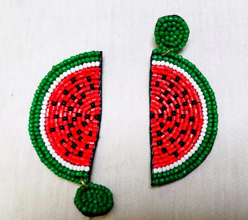 Water Melon Mardi Gras Embroidered Glass Beads Earrings