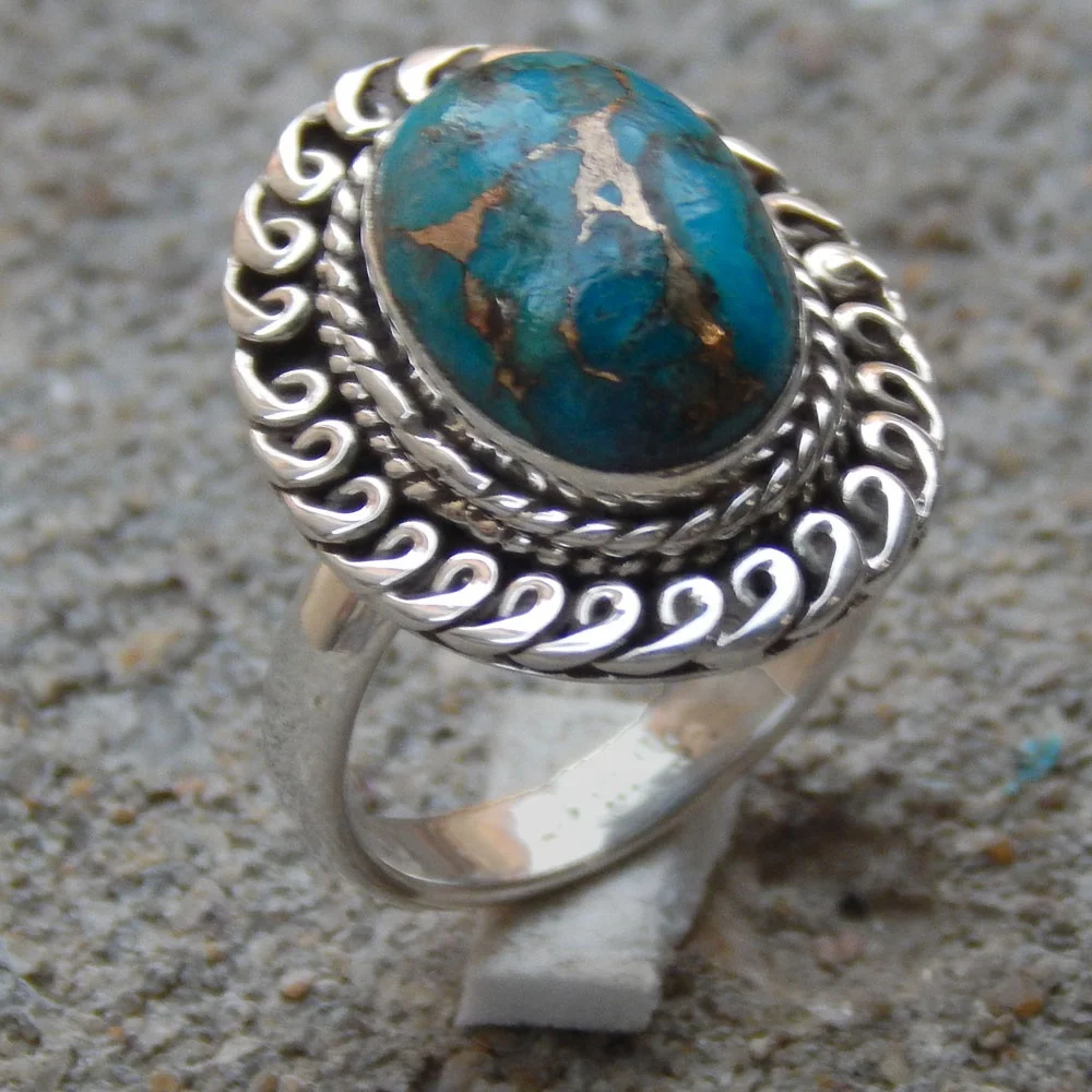 Handmade Designer 925 Solid Sterling Silver Ring Oval Cut Blue Copper Turquoise Gemstone Ring For Woman