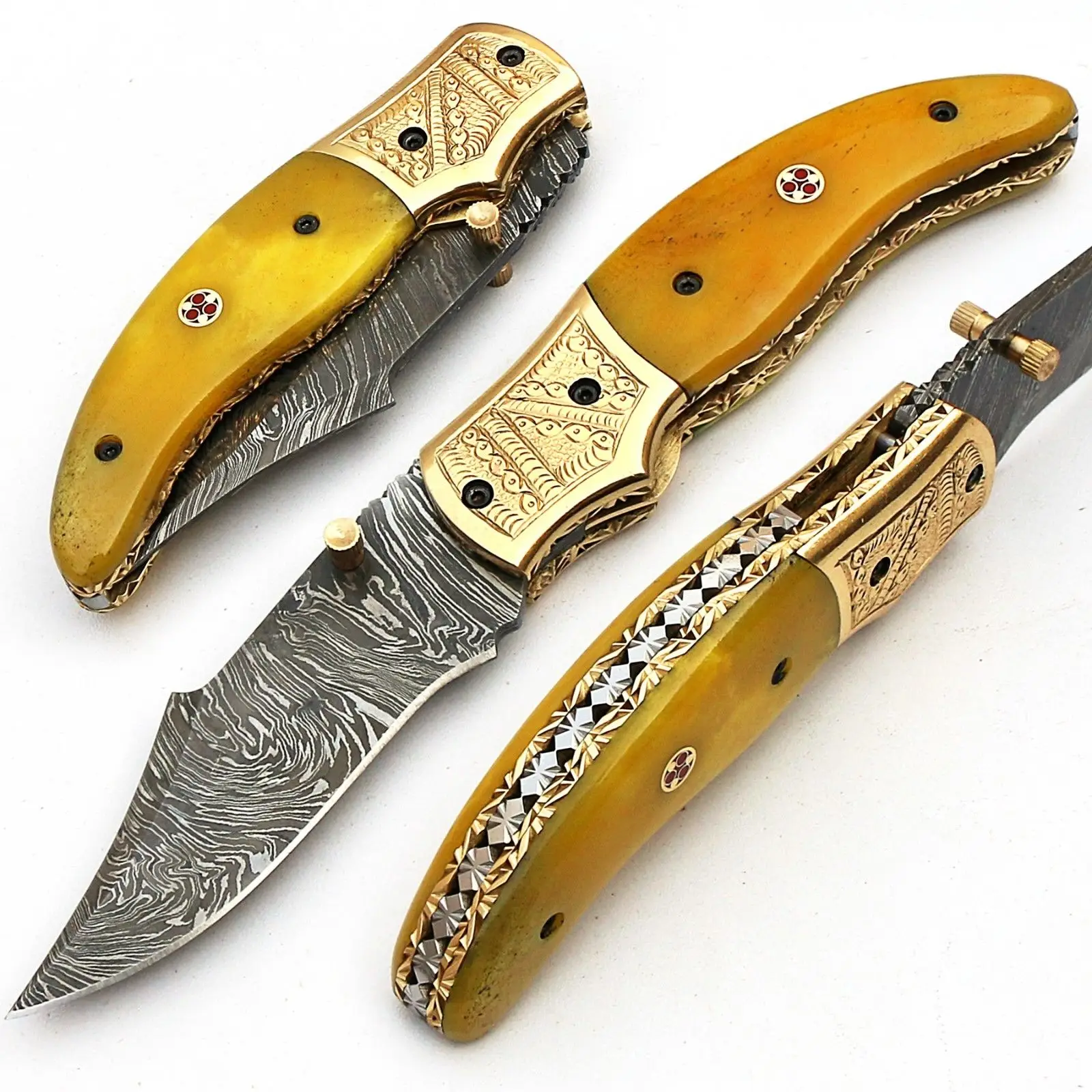 Custom Handmade Damascus Folding Knife Yellow Camel Bone Handle Pocket Knife Leather Sheath OEM Support Blade Material Steel