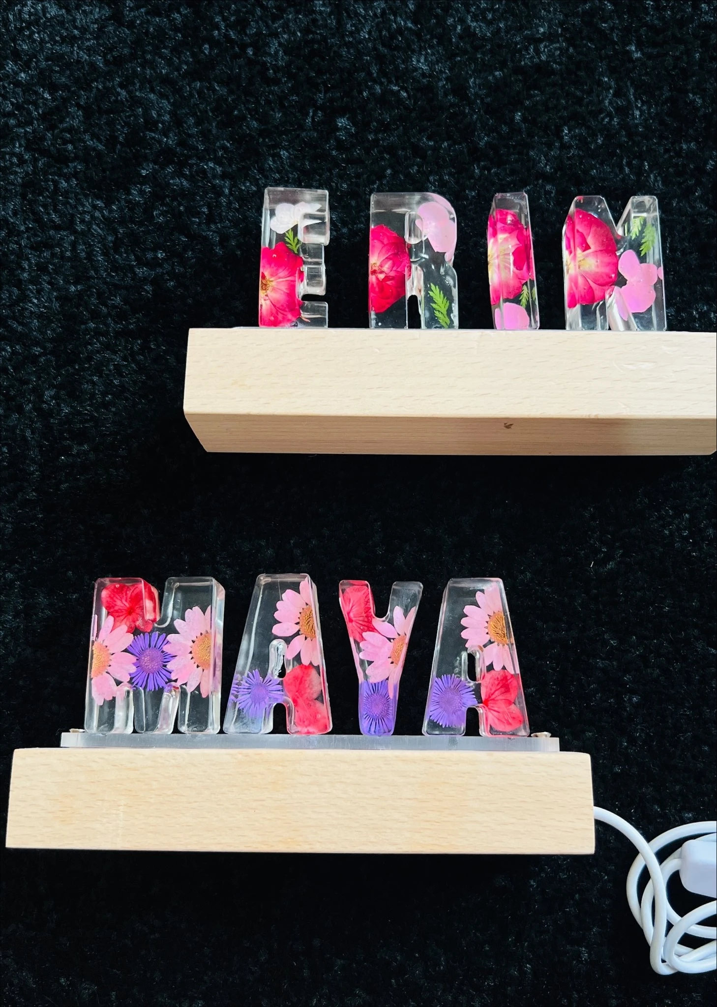 Best-selling Custom Name Letter Lamp with Epoxy Resins oval 3D acrylic USB wooden table lamp led wall wooden stand
