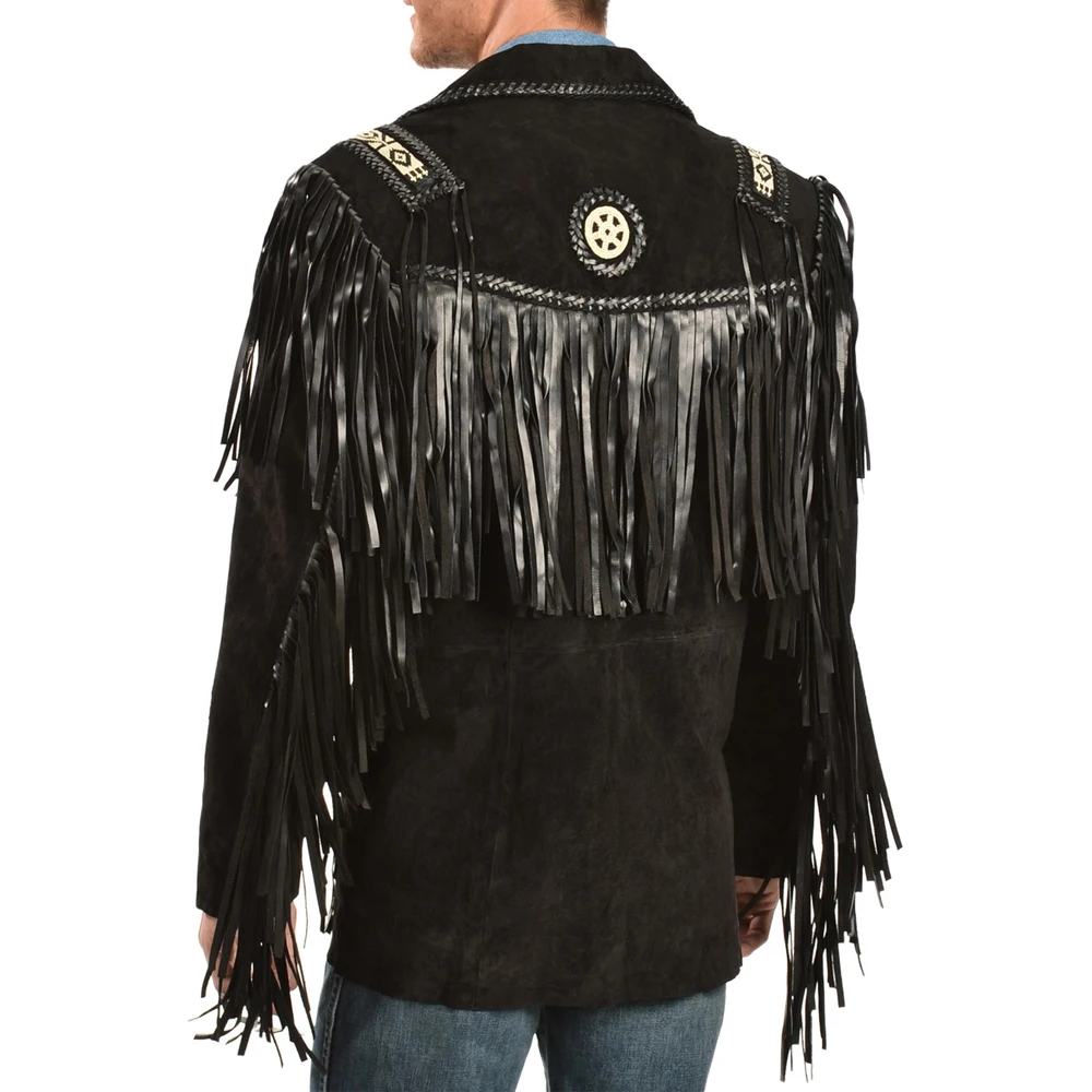 Cheap New Fashion Bones Beads Work Long Fringes Suede Leather men jacket Western Wear Men Cowboy Jacket Coat