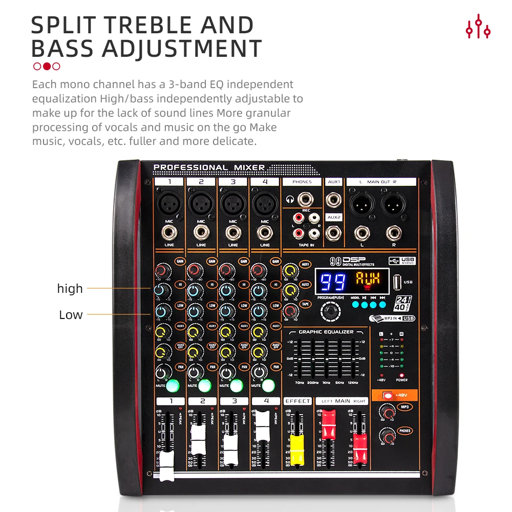 Audio mixer 4 channel mixer DSP reverberation effect professional Blue tooth USB audio mixer balance family karaoke stage