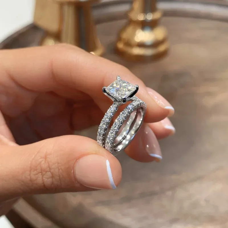 Fully White Princess Shaped Moissanite Diamond Engagement Ring Customized Jewelry Beautiful Ring Best Engagement Ring For Women