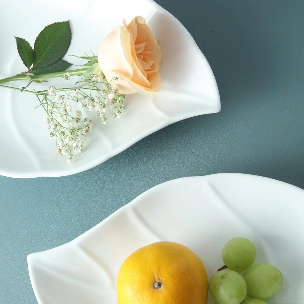 OEM deep leaf white porcelain plate for vegetables and fruits in the buffet from Viet Nam wholesale manufacture