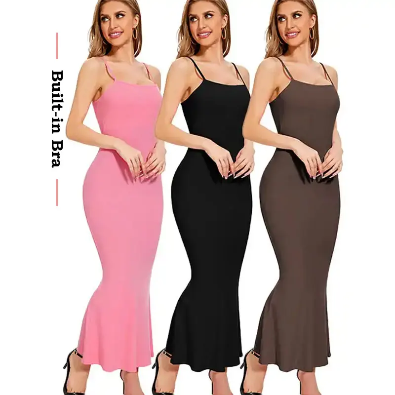 No Shaper Full Slip Bodycon Dress Built in Shapewear Bras Basic Soft Pink Casual Long Dress For Women
