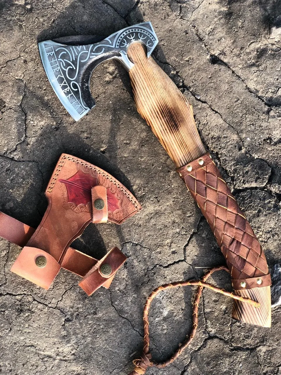 Custom Handmade Viking Axe with Amazing Engraved Handle and Leather Wrapping Custom Made Axes For Sale