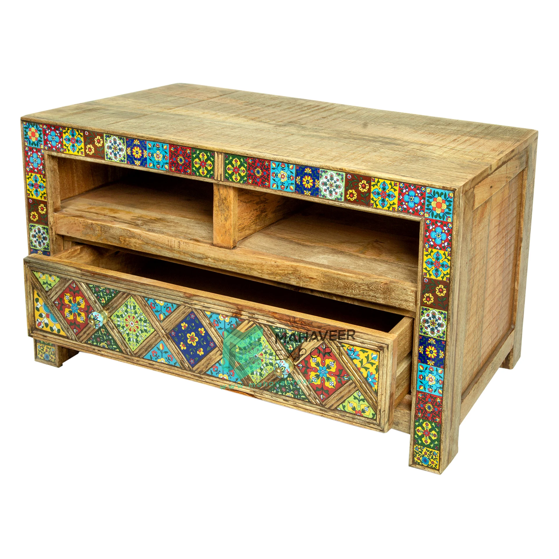 Wooden Ceramic Tiles Fitted One Drawer Plasma TV Stand In Natura Wood Finish For Living Room / Bedroom Modern Designed Furniture