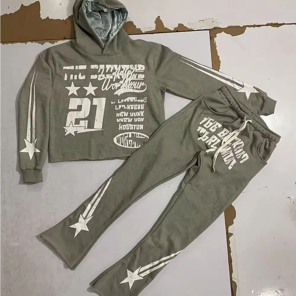 Y2k Style Custom Cropped Hoodie Men Vintage No String Saint Lined Pullover Cut And Sew Hoodies Flared Sweatpants And Hoodie Set