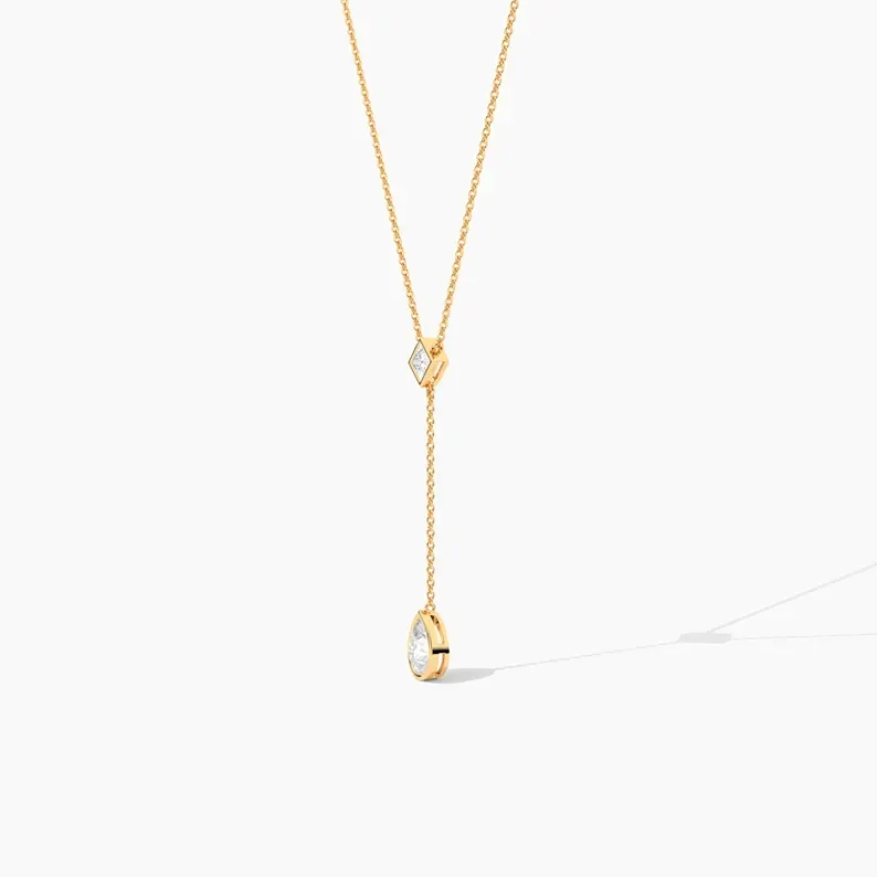 Princess & Pear Cut Diamond Bezel Lariat Necklace/ 14k  Solid Gold Made Moissanite Necklace Dainty Diamond Drop Y-Necklace