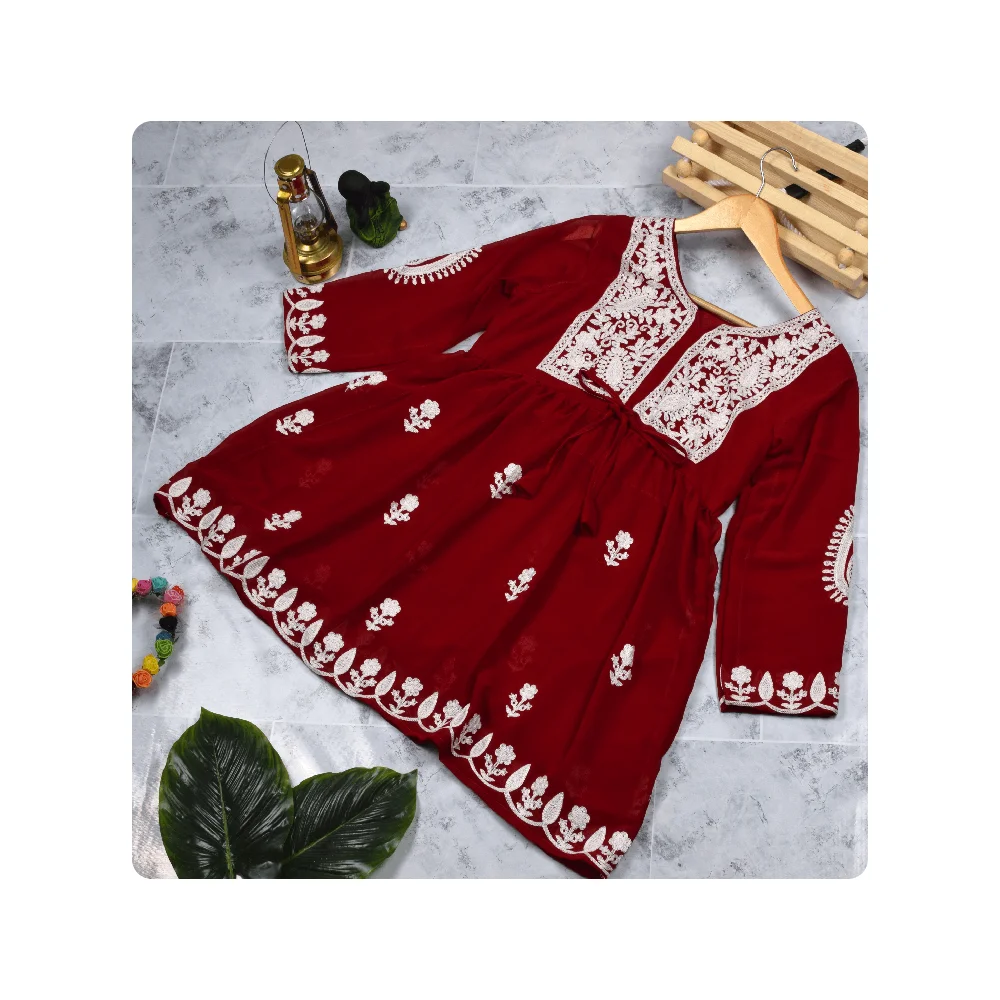 New Modern High Quality Indian Ethnic Wear Full Sleeve Gown With Dupatta Set in Chikan Work Designer Kurti