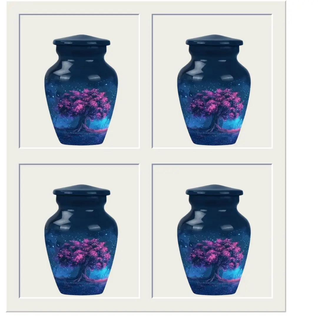 Starry Cherry Tree Cremation Urn Deep Blue with Pink Blossoms Decorative Modern Ashes Urn Space Tree Art Vase for Sale