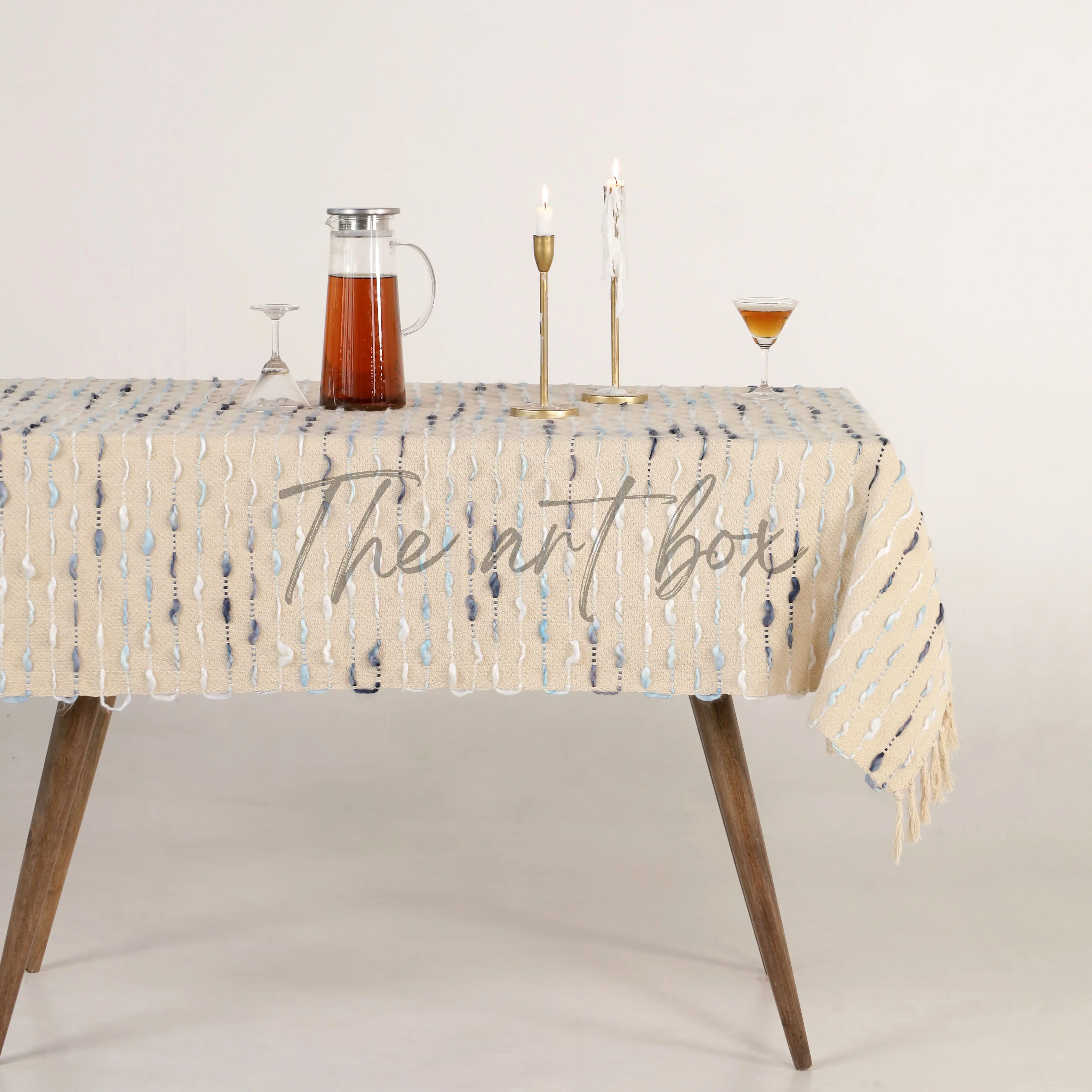 Indian Woven Rectangular Cotton Table Cloth Cover With Tassel Dining Embroidered Striped Cover Cloth For Home Christmas Decor