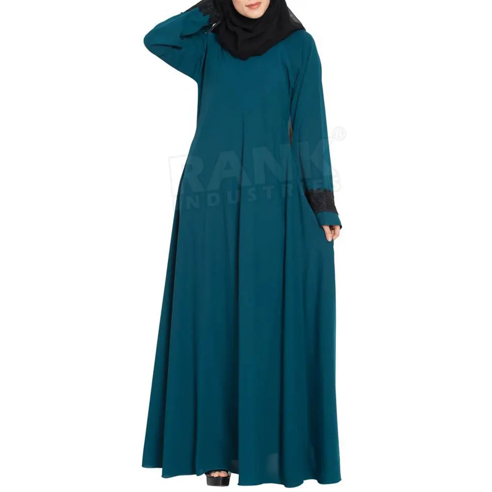 High Quality Women Muslim Wear Zink Blue Abaya Embroidery Cuff Full Sleeves Women Lose Plus Size Abaya