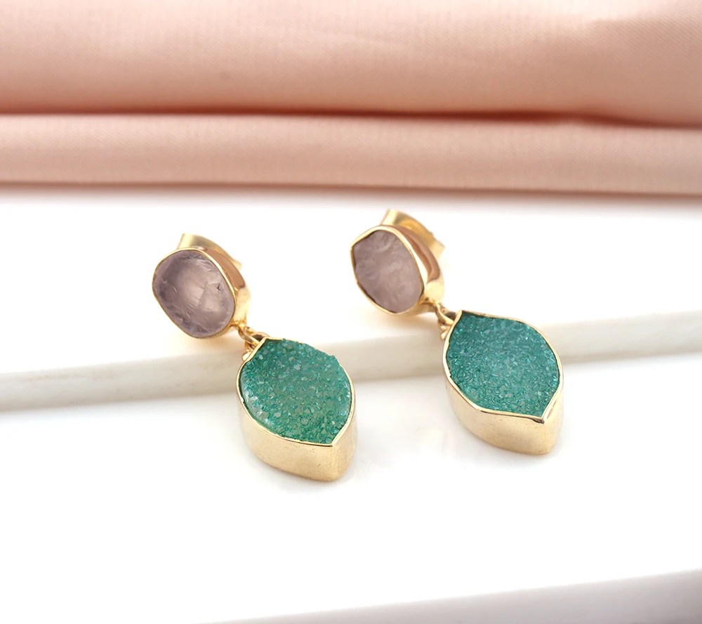 Custom two stone earrings real raw rose quartz with resign sugar druzy stud drops 18k gold plated women jewelry studded earrings