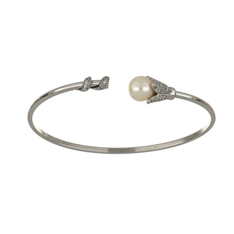 Fine Italian design fashion jewelry polish tube bangle genuine pearl white rhodium plated bangle bracelet woman gift