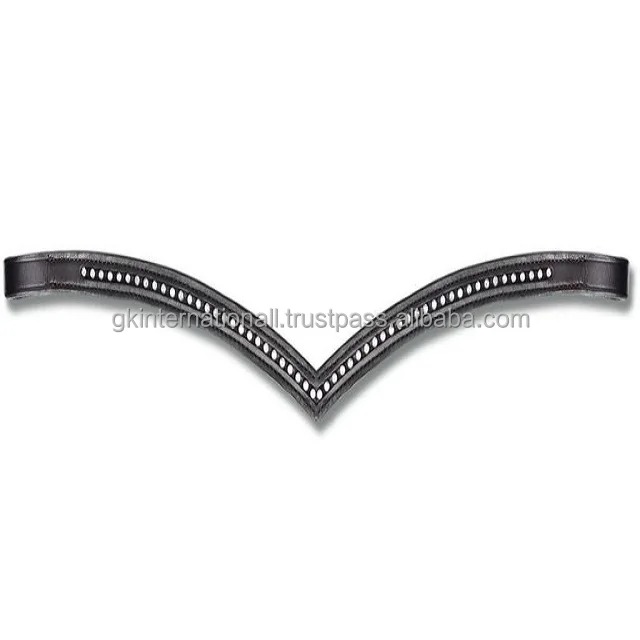 Deep V shape Black English Leather Horse brow band with soft padding stitching & single row crystals rhinestones bling brow band