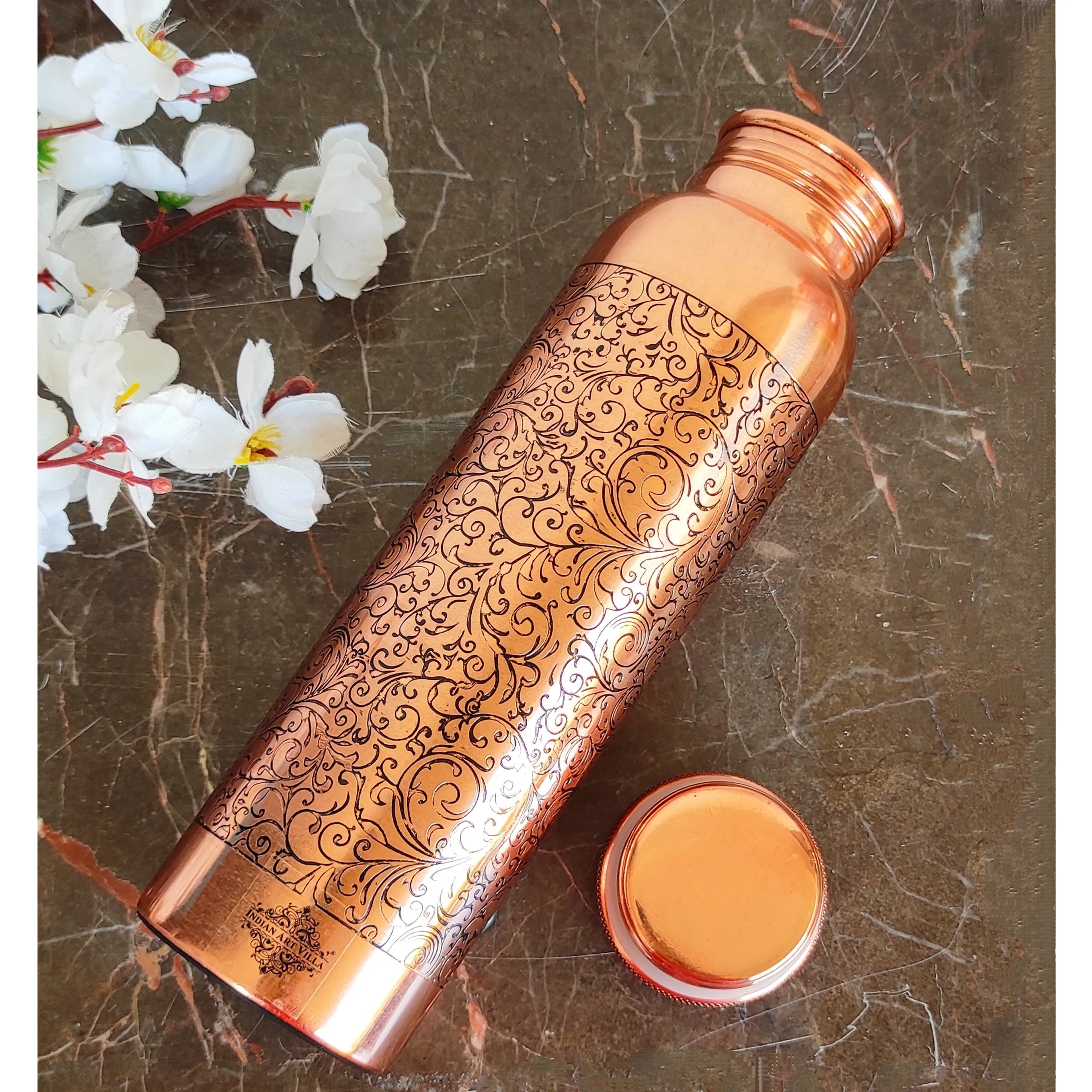 Indian Art Villa Pure Copper Water Bottle With Embossed Design, Drinkware & Storage Purpose, Ayurvedic Health Benefits, 1000 ML