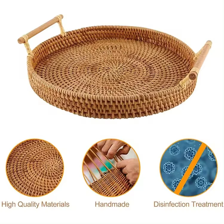 High Quality Customized Sizes  Hand-Woven Round Wicker Decorative Basket Rattan Serving Tray with Handles made in viet nam