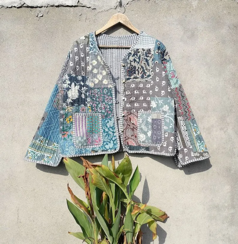 Handmade Patchwork Jackets Indian Cotton Winter Jacket Coat Bohemian Style Unisex Short Quilted Jacket