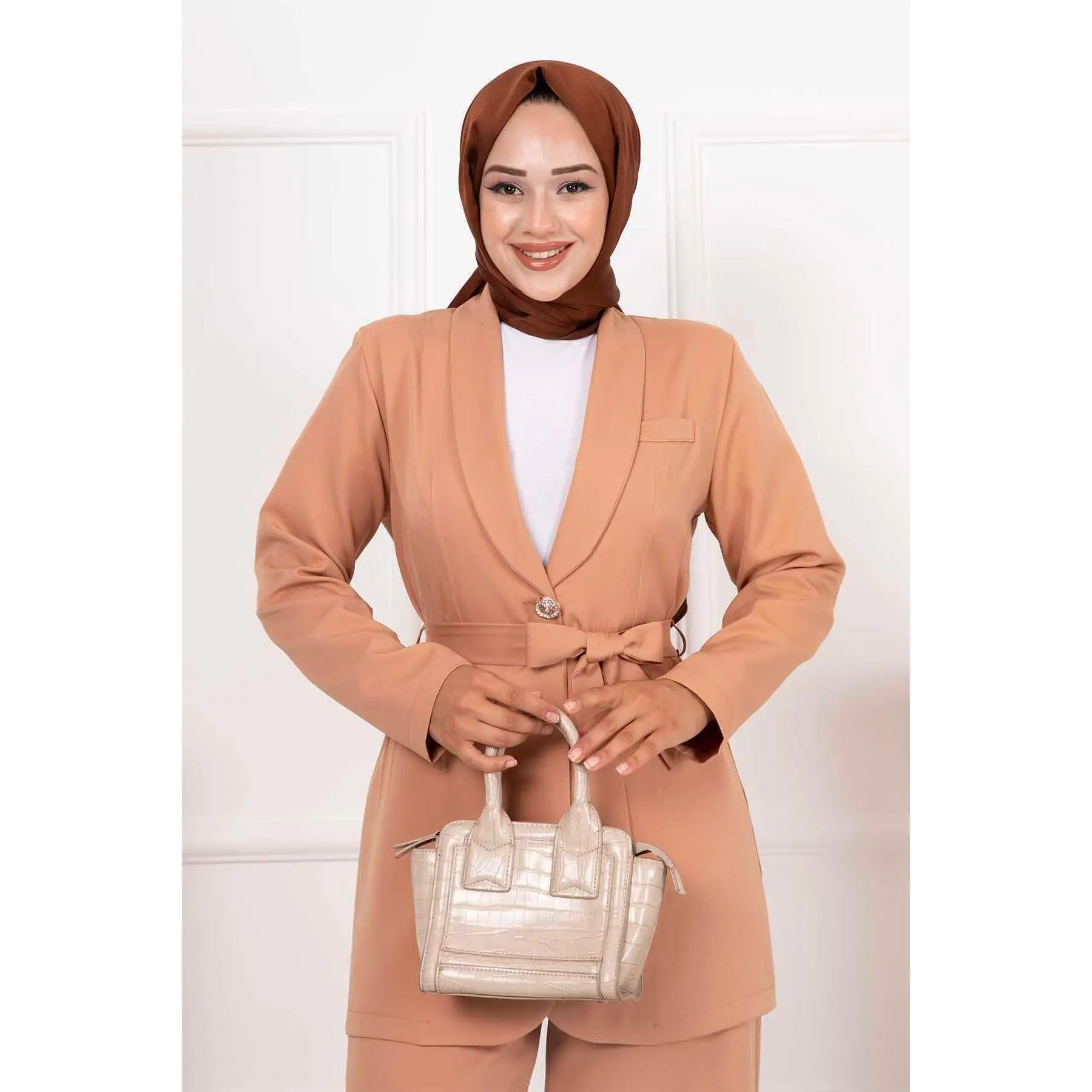 Belted Blazer Jacket 2 Piece Set Camel Hair