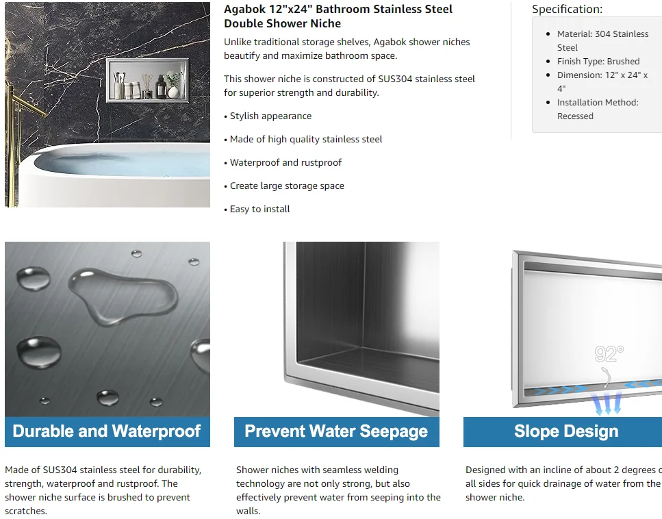 Multiple Color Wall Mounted Built In 304 Stainless Steel Bathroom Niche Shower Niche For Bathroom with led Lights