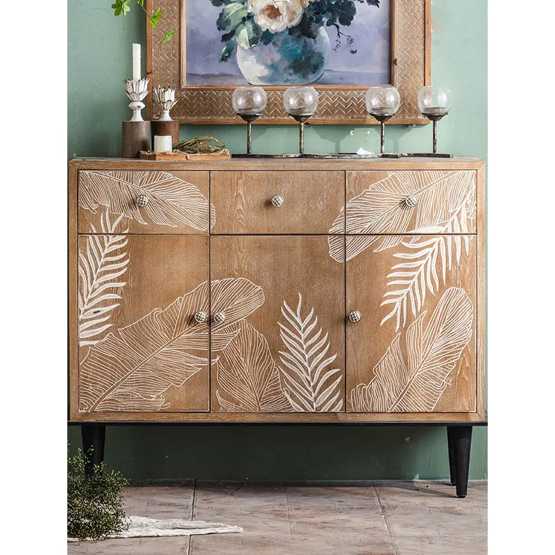 Furniture Wood Side Cupboard Cabinets Antique Console Table Hand Carved Leaf Art Door Cabinet With Storage Dining Room Furniture