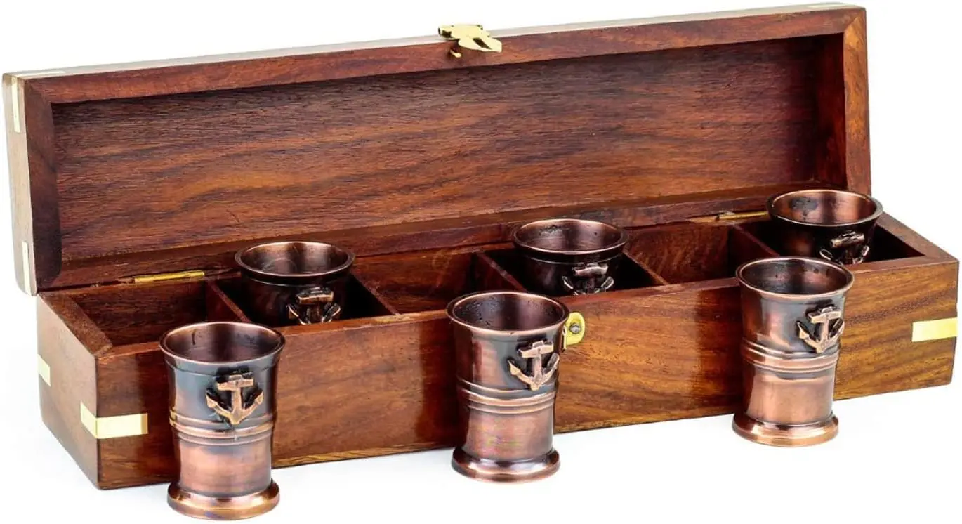 6 Brass Antique Shot Glasses Hotel & Bar Wine Drinking Shot Glasses with Anchor Wooden Box Nautical Beer Glass Set of 6 Bar-Ware