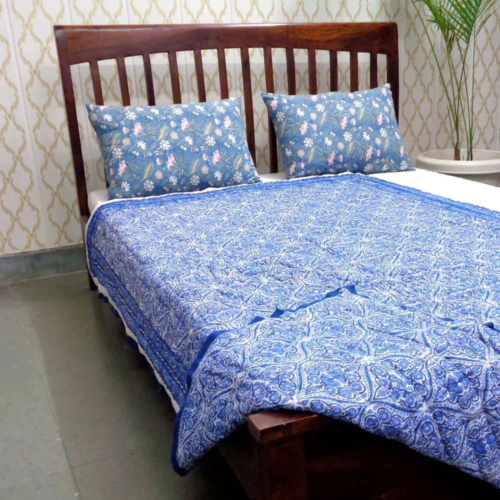 Cotton Quilted Bedspread 100% Pure Cotton Filling Traditional Woodblock Style Hand Block Printed Cotton Twin Size Quilt